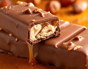 Detailed Close Up of Chocolate Candy Bars with Nuts and Caramel Drizzle on Wooden Background in Bright Natural Lighting