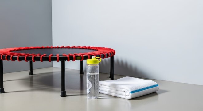 Mini trampoline with water bottle and towel in minimalist fitness space
