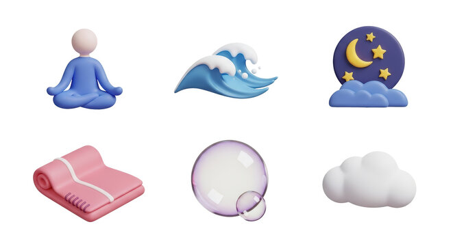 Serene 3D icons meditation, nature, and peaceful wellness elements