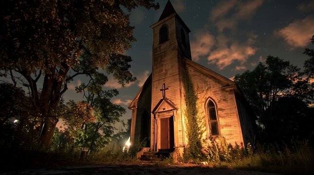Old Weathered Church Exterior at Dusk with Dramatic Sky Dark Stone Fa?ade Surrounded by Trees, Atmospheric Lighting, and Visible Texture Details Optimized for Stock Photos
