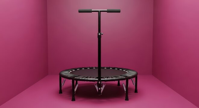 Black trampoline with handlebar in pink room