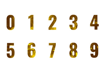 Golden Grunge Numbers Set 0-9 - Textured Metallic Digits Isolated