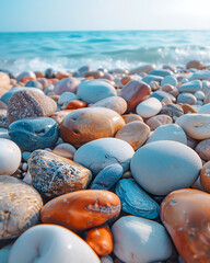 Smooth colorful wet pebbles on a beach with gentle ocean waves in the background