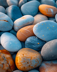 Close up of smooth rounded pebbles in various natural colors and textures on a beach