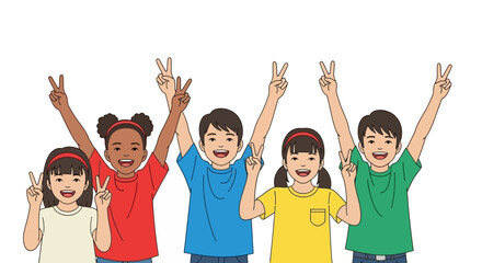 Cheerful Diverse Group of Children Raising Hands in Peace Sign Gesture, Ideal for Educational Materials and Promoting Global Harmony Initiatives.