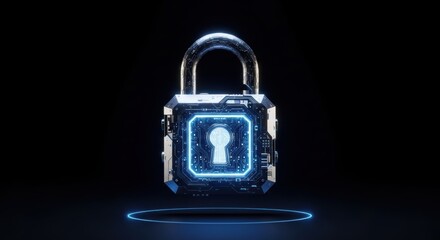 Futuristic padlock with intricate circuit board design glows neon blue against a dark backdrop symbolizing digital security and data protection