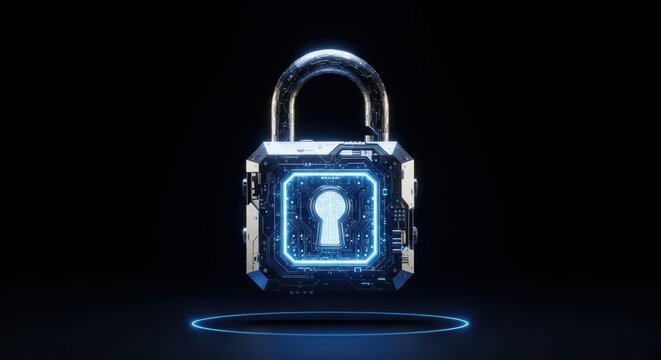 Futuristic padlock with intricate circuit board design glows neon blue against a dark backdrop symbolizing digital security and data protection
