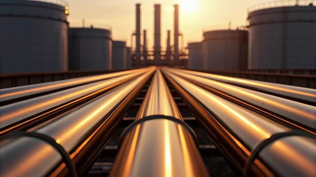 Golden oil pipeline at sunset with reflective metal pipe leading to storage tanks and industrial plant and refinery chimneys with warm glow and sunset reflection on oil storage