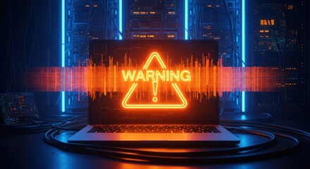 Laptop displays warning sign in server room highlighting system security data breach software bug cyber attack vulnerability threat