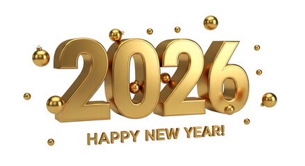 Golden 3d text 2026, happy new year greeting, festive baubles