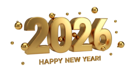 Golden 3d text 2026, happy new year greeting, festive baubles