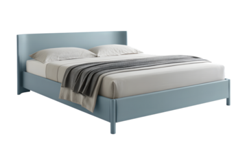 Light blue modern bed with duvet and blanket isolated on transparent background