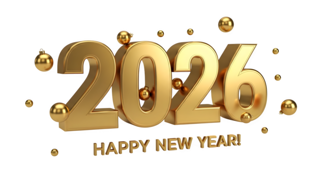 Golden 3d text 2026, happy new year greeting, festive baubles