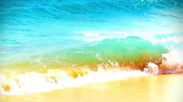 A relaxing close-up footage showcasing tropical ocean waves gently rolling onto a clean sandy beach. The crystal-clear turquoise water and bright daylight create a calming tropical mood perfect for tr