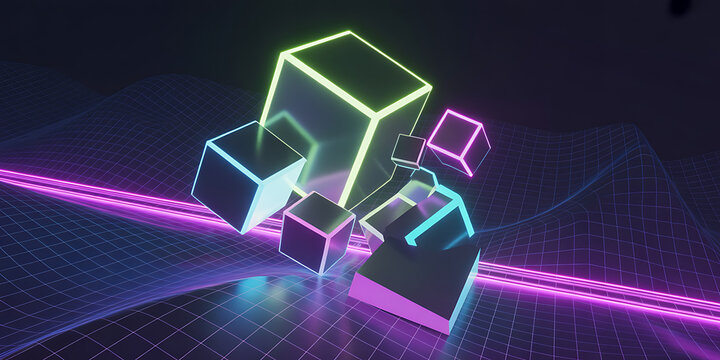 Immerse yourself in vibrant neon cubes floating on a futuristic grid, perfect for tech startups, digital art, and innovative marketing campaigns, a modern abstract design