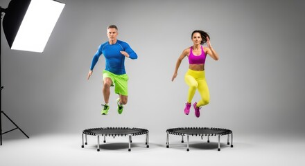 Energetic caucasian adults exercising on trampolines in bright fitness attire