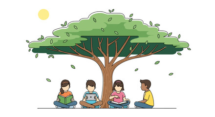 Children reading and learning under a tree illustration, ideal for educational resources, children's book illustrations, and promoting outdoor learning activities.