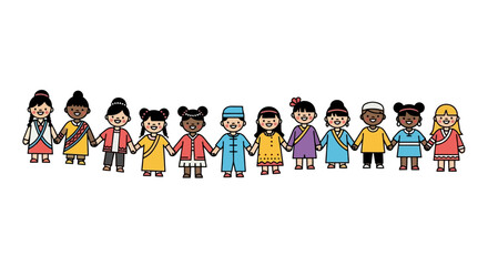 Diverse group of children holding hands, symbolizing unity and harmony in a multicultural world. Ideal for educational resources, children's books, or promoting global peace initiatives.