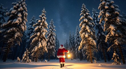 Santa Claus is seen from the back, walking through a snow-covered, dense pine forest at night. He is holding a lit lantern, creating a warm glow against the cold, dark, and starry sky.