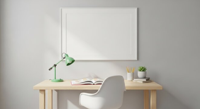 Minimalist modern study desk setup with a white chair, desk lamp, open book, and indoor plants in