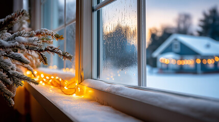 Snowstorm outside a warm window, soft fairy lights inside, hygge aesthetic + cinematic framing, condensation on glass, blurred cozy room with copy space.