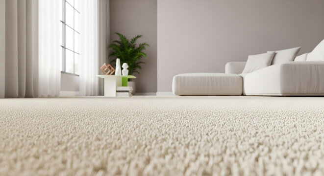Closeup of a beige carpet in a bright living room with sofa and window, creating a cozy atmosphere