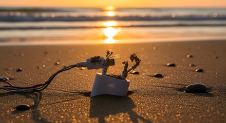A small electronic device with wires lying on a sandy beach during sunset, creating a peaceful and serene atmosphere with warm lighting and calm waves in the background