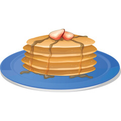 Stack Of Golden Pancakes With Chocolate Syrup And Fresh Strawberry Slices On A Blue Plate Isolated On Transparent Background