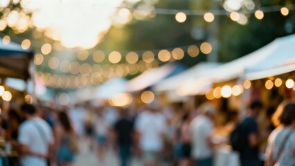 Vibrant outdoor market with blurred lights and people enjoying the atmosphere.
