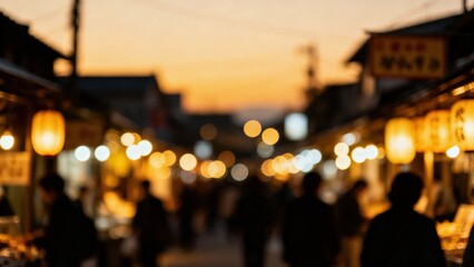 Bustling market at dusk with glowing lanterns and a vibrant atmosphere.