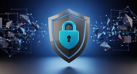 Blue padlock and shield symbolize network security for computer data protection against cyber attacks and secure information transfer