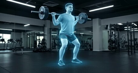 Man performing barbell squat exercise in a modern gym with holographic overlay. - Powered by Adobe