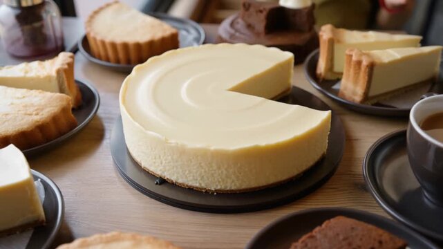 A delectable array of cakes on a table, including cheesecake and slices, ready to savor Stock Video