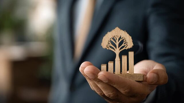 Wooden tree chart growth bar graph hand business wooden tree growth chart business sustainability concept hand showing environmental progress