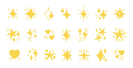 Yellow filled hand drawn sparkle star heart vector icons isolated on transparent background, cute glowing elements collection, cartoon doodle style decorations for design, highlights, effects