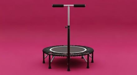 Pink background mini trampoline with handle for indoor exercise