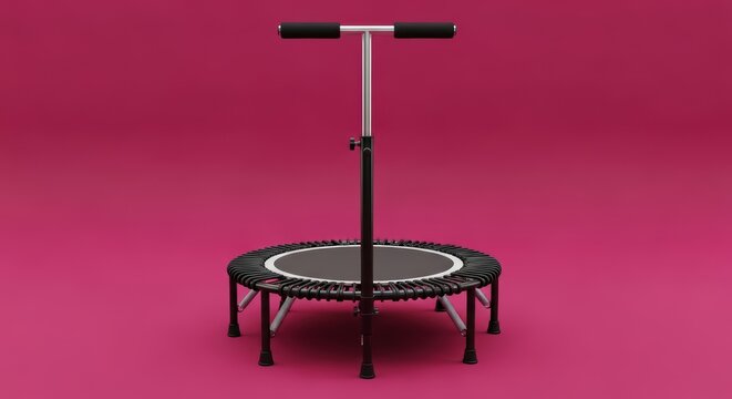 Pink background mini trampoline with handle for indoor exercise