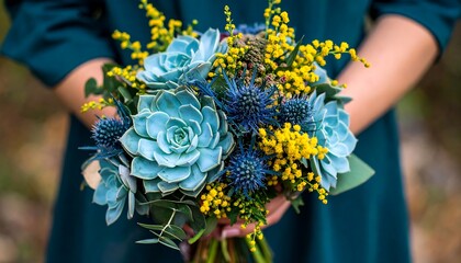 Elegant Blue and Yellow Wedding Bouquet Held by a Person.