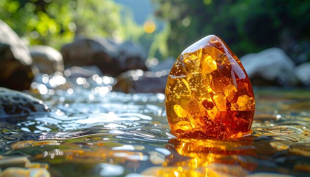 Amber Gemstone in a Stream - A Timeless Treasure of Nature.