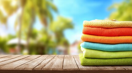 Stack of colorful folded knitted garments rests upon a weathered wooden surface with a tropical background