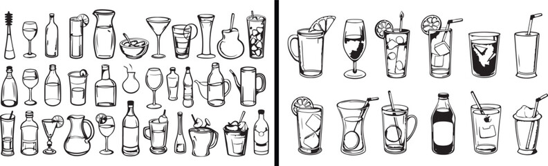 drinks doodle vector, wine glass illustration, beverage bottle drawing, minimal black white design, creative bar artwork, cocktail sketch art, refreshment concept design, classy drink illustration, gl
