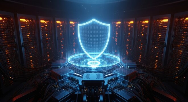 Digital shield protecting server room data with cybersecurity encryption securing confidential network information against online threats