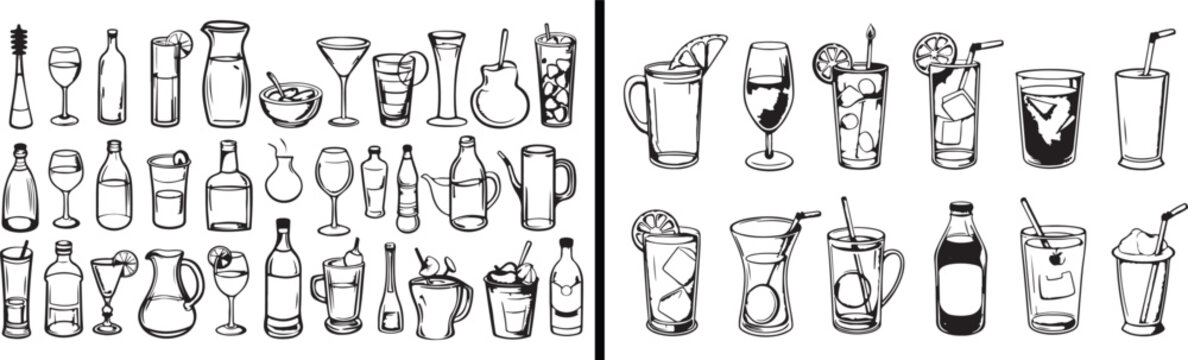 drinks doodle vector, wine glass illustration, beverage bottle drawing, minimal black white design, creative bar artwork, cocktail sketch art, refreshment concept design, classy drink illustration, gl