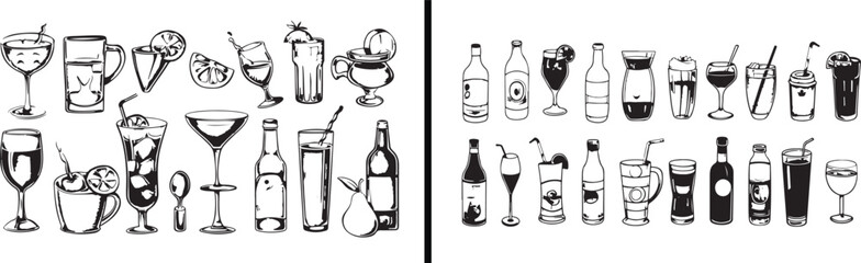 drinks doodle vector, wine glass illustration, beverage bottle drawing, minimal black white design, creative bar artwork, cocktail sketch art, refreshment concept design, classy drink illustration, gl