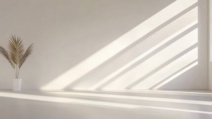Fototapeta premium Soft light filters through a modern space, casting shadows on a minimalist wall and highlighting a potted plant