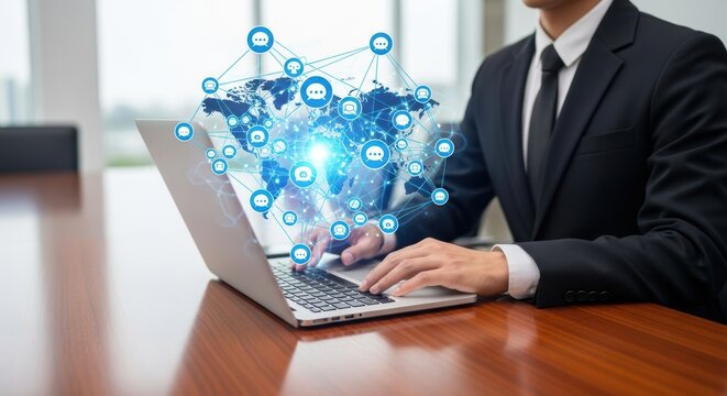 Businessman using laptop with digital world network connecting people through global communication for social media and business growth