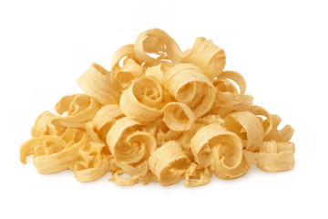 Wood shavings forming a pile, carpentry or woodworking byproduct, natural material with transparent background