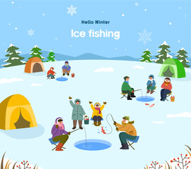 겨울축제 얼음낚시 풍경 일러스트