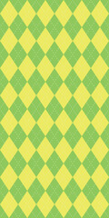 Seamless vector pattern with yellow and green argyle diamond design, dotted texture, festive spring background, geometric symmetry, cheerful colors, retro fashion, playful decorative style
