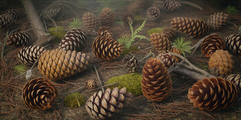 Enchanting forest floor covered in pinecones, moss, and fallen needles creates a captivating autumn scene perfect for seasonal designs, branding, and serene nature-inspired projects